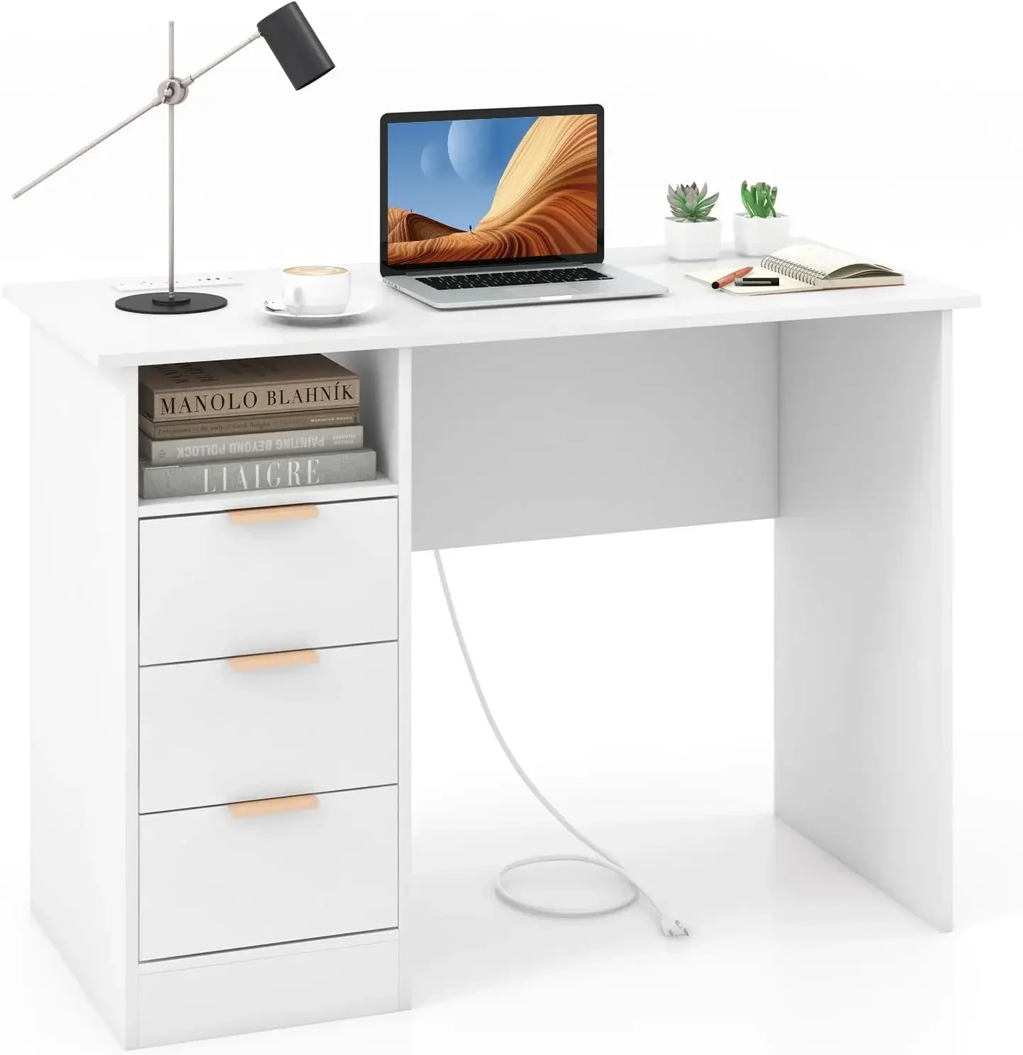 White Desk with 3 Drawers & Built-in Charge Station, Home Office Desk with Open Storage Shelf (White)