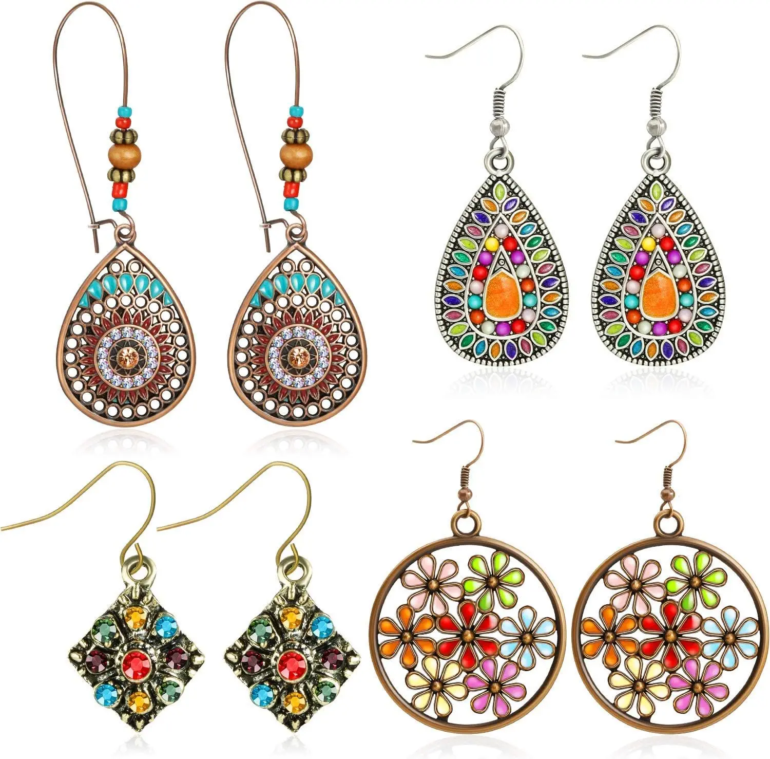 

4 Pairs Bohemian Vintage Dangle Earrings Boho Jewelry for Women Retro Star Rhinestone Boho Dangle Drop Earrings Gifts