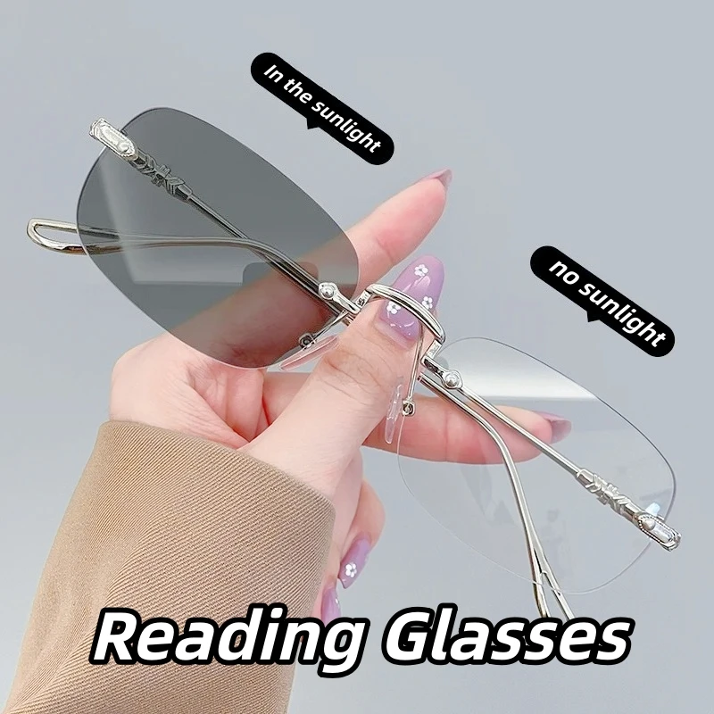 Photochromic Blue Light Blocking Reading Glasses Frameless Presbyopia Glasses Progressive Multifocal for Men Women