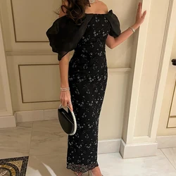 Elegant Party Dresses Woman 2024 Off the Shoulder Short Sleeves Straight Jersey Tea Length Pleats Crystal Bespoke Occasion Gowns