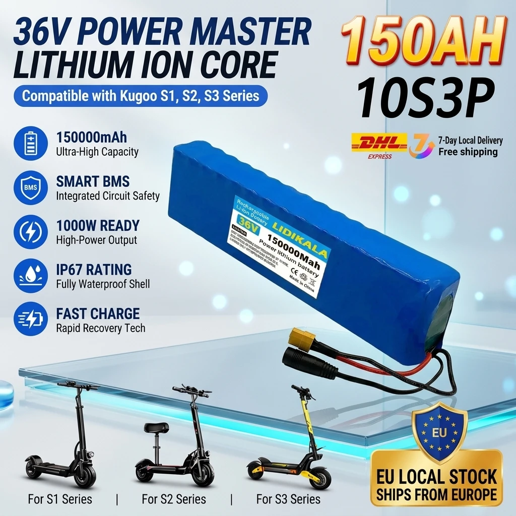 LIDIKALA 18650 10S3P 36V 150Ah Lithium-Batteriepack mit eingebautem Schutz-BMS, 1000W modifizierter Ersatzakku für Elektroroller, ausgestattet mit XT60 DC-Anschluss.