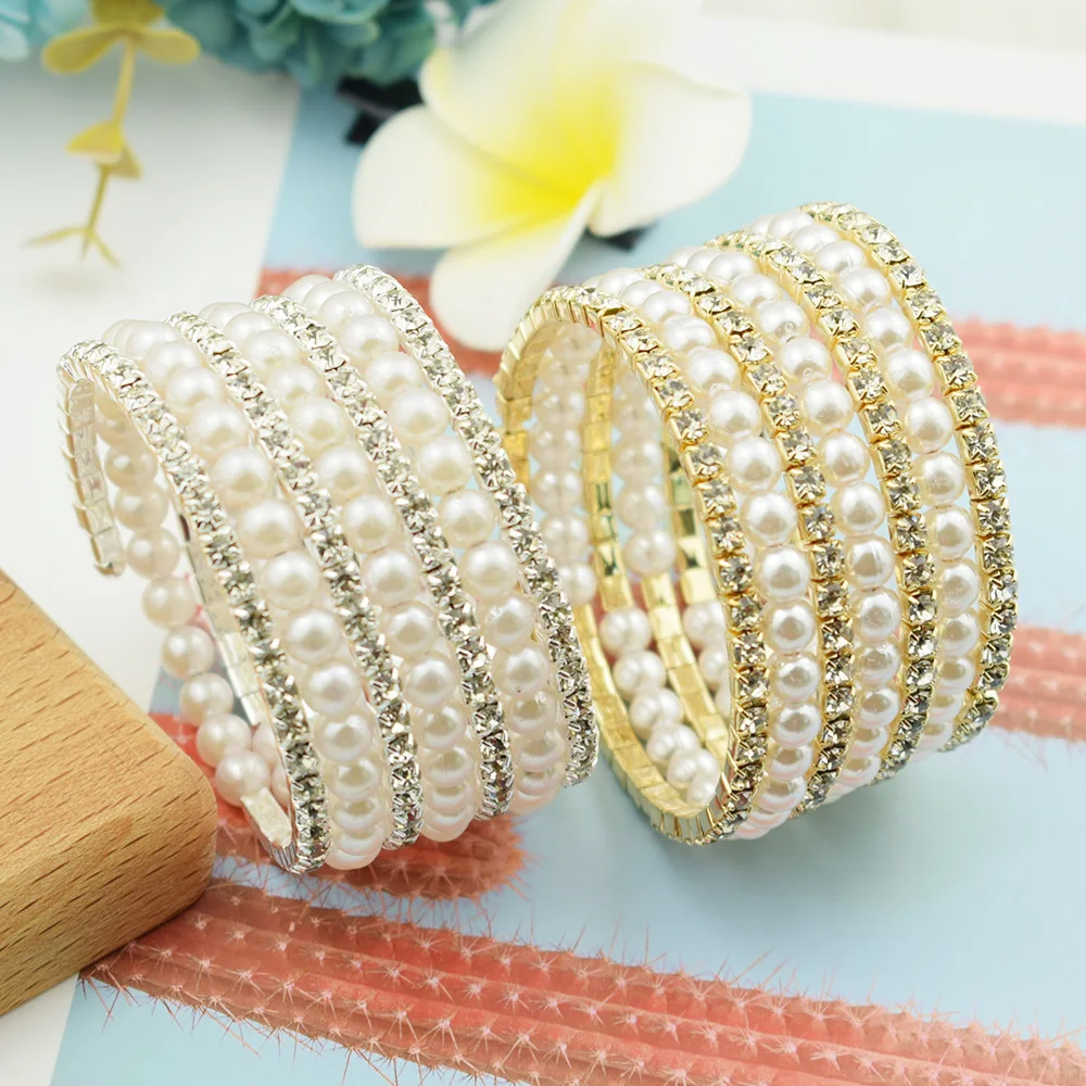 Fashion Multilayer Rhinestone Pearl Cuff Bangle Bracelet Crystal Pearls Opening Charm Bracelets For Women Wedding Bridal Jewelry