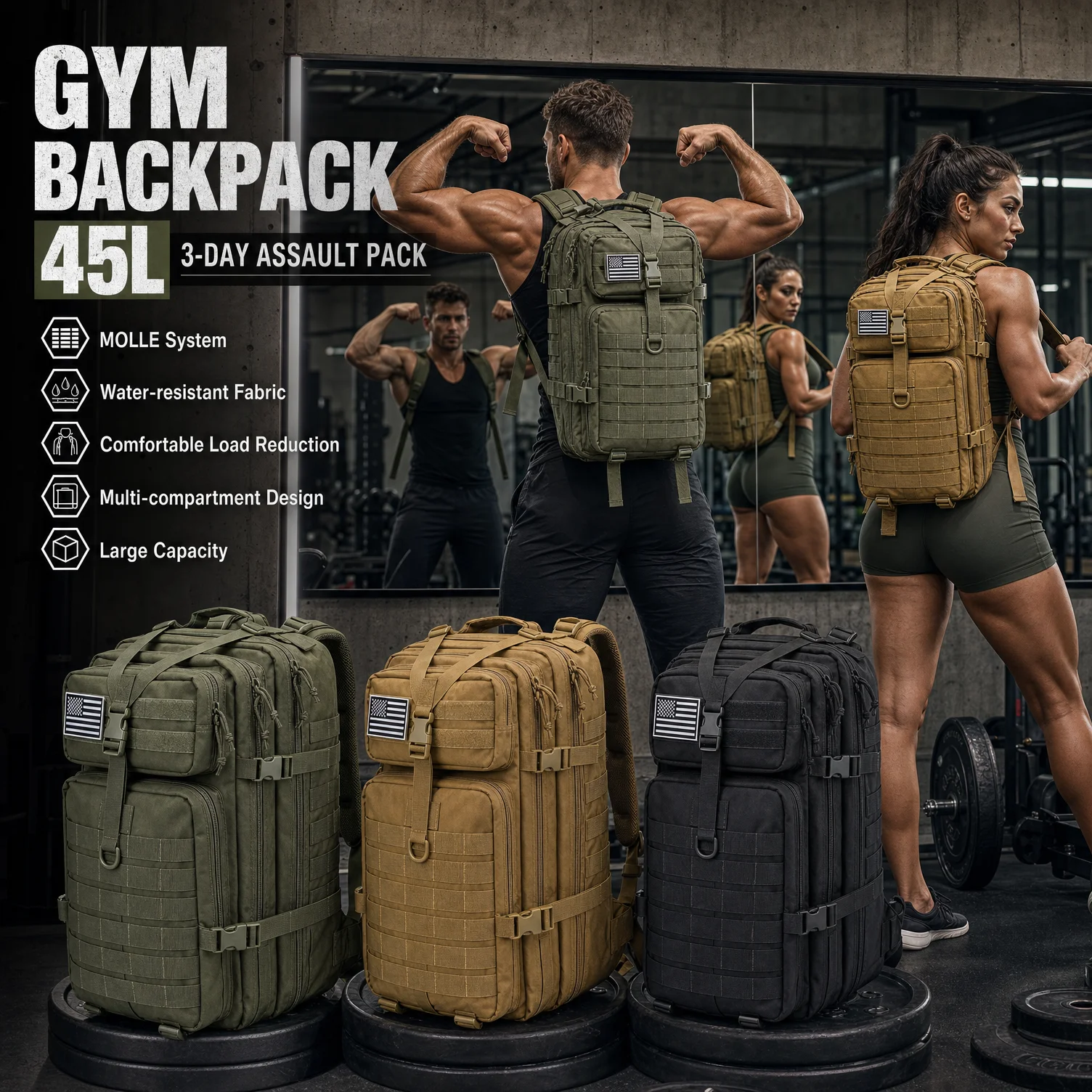 45L Tactical Gym Backpack Molle Water Resistant Sports Bag Large Capacity Training Fitness Workout Pack Men Women Travel Hiking Camping Rucksack Durable Multi Pocket Basketball Football Yoga Shoes Bag Weekend Trip Duffel Daypack Athletes Wear Resistant