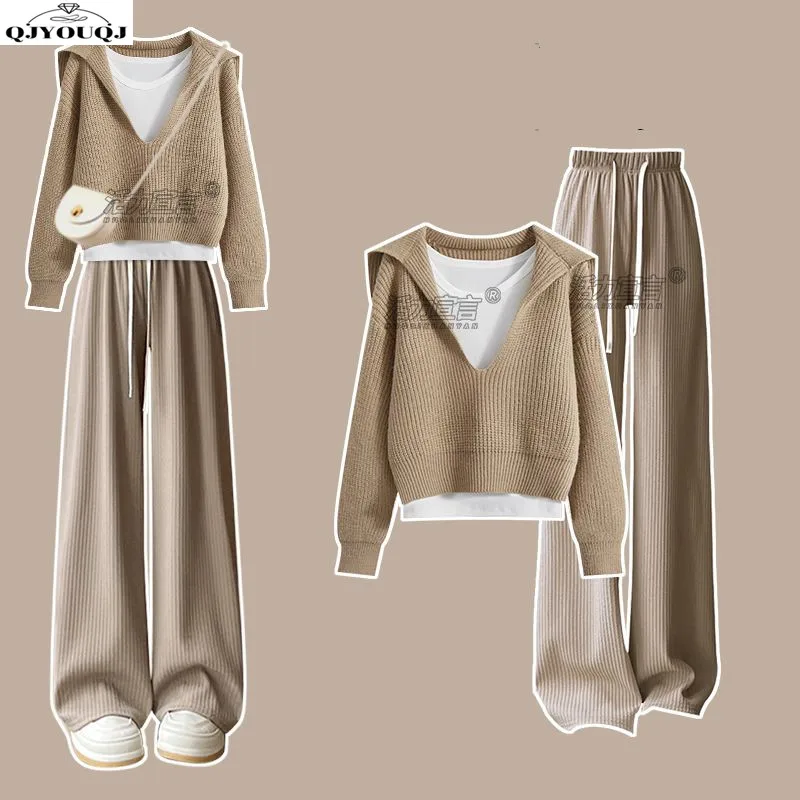 2024 Autumn/Winter Korean Edition New Women's Set Lazy Style Knitted Sweater+Casual Wide Leg Pants 3-Piece Set Trendy