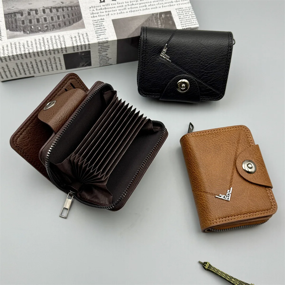 

Men's Short Wallet Snap Zipper Coin Purses Multi-function Large Capacity Organ Card Holder PU Leather Fashion Money Bags