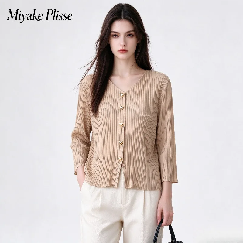 Women's T-Shirt Top 2026 New Autumn V-Neck Casual Pleated Fashionable Pressed Pleated Cardigan Thin Design Stylish Long Sleeve