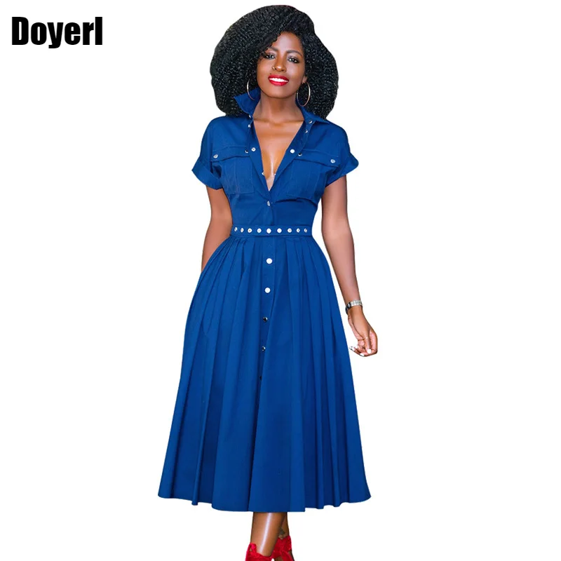 

Summer Vintage Blue A Line Dress Women Turn Down Collar Button Pinup Swing Dress Ladies Wear To Work Office Elegant Midi Dresses