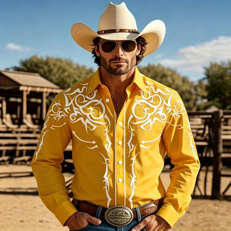 Men's Western Tribe Totem Printed Long Sleeve Shirt Denim Style Casual Open Button Top