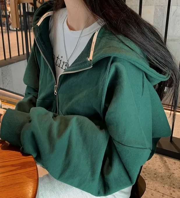 Autumn Lazy Style Casual Hooded Personality Double Zipper Fleece Thick Hoodie Jacket for Women