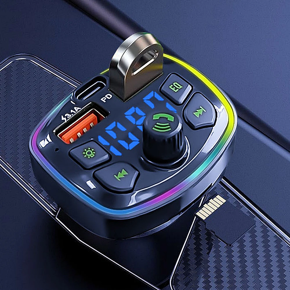 Bluetooth 5.0 Car FM Transmitter MP3 Player  Dual USB Type-C 18W Fast Charger with LED Backlight
