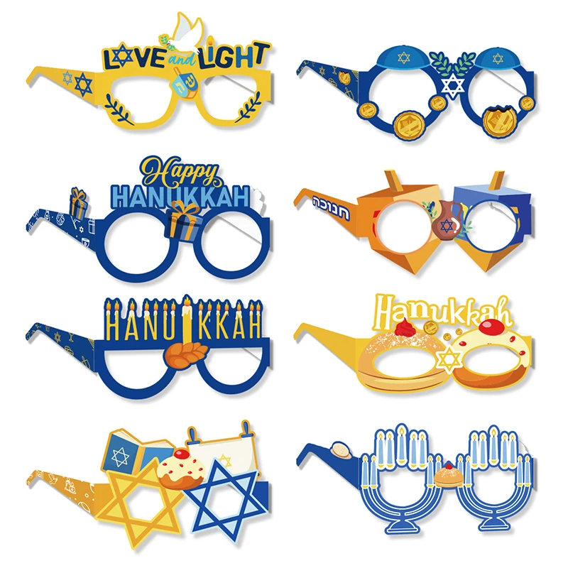 8pcs Hanukkah Party Paper Glasses Props Interesting Holiday Glasses Frames Hanukkah Party DIY Photo Booth Props Glasses Decorate