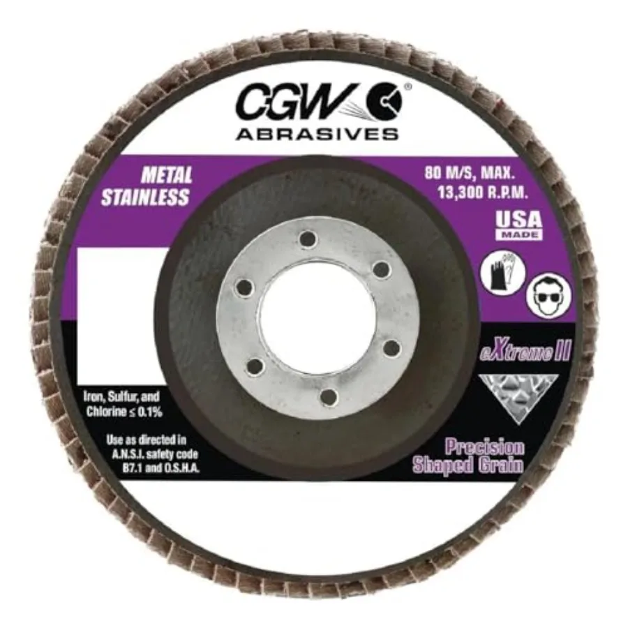 

CGW Abrasives PSG Extreme II Flap Discs 42842-4-1/2 X 7/8 T27 PSG 60 Pack of 10 for Metal Grinding High Durability Resin Bonded