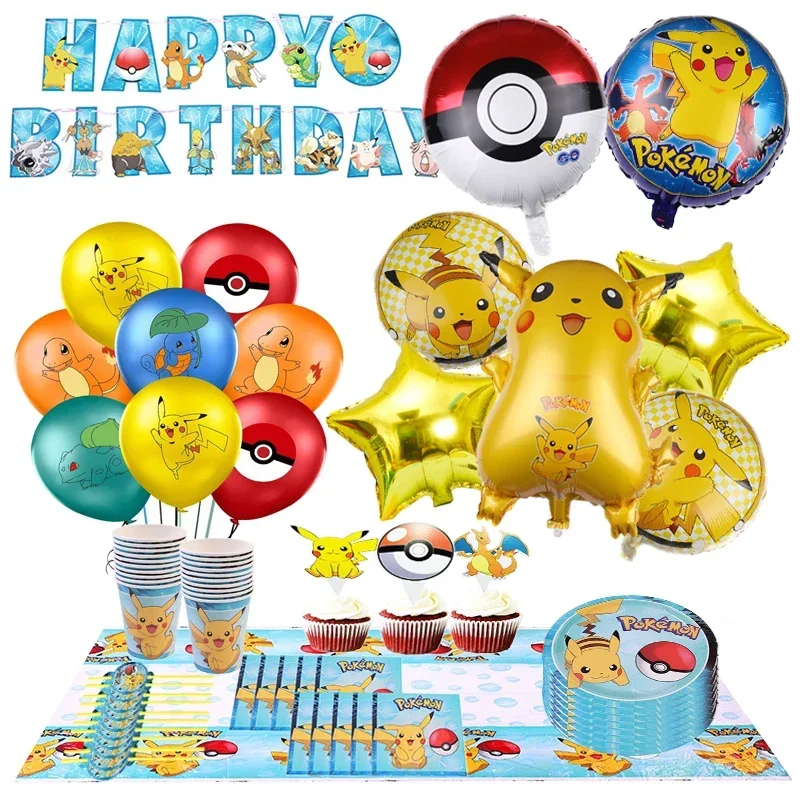 Pokemon Themed Party Supplies Pikachu Jednorazowa zastawa stołowa Zestaw balonów z cyframi Baby Shower Dekoracja urodzinowa dla dzieci Zabawka