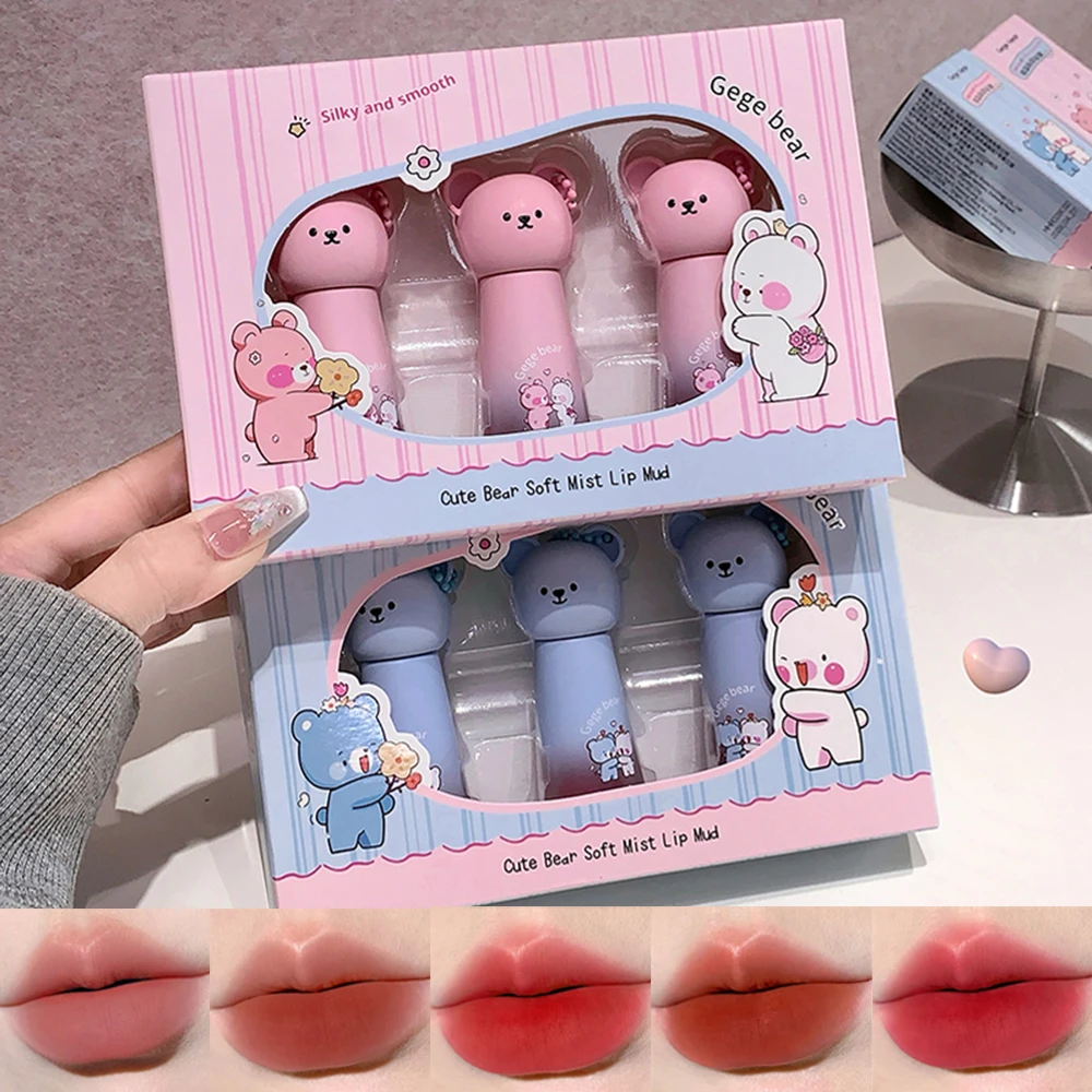 Gege Bear Cute Bear Pendant Matte Lip Glaze, Matte Velvet Lip Clay Long-lasting Color Non-drying Autum Winter Lipstick