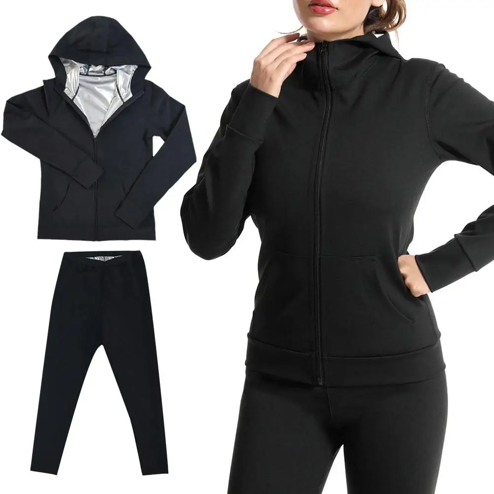 Sauna Shirt Women Weight Loss Sweat Suits Workout Jacket Sleeve Front With Black Nylon Elastic Long Hood Tops Zipper Shaper L5N2