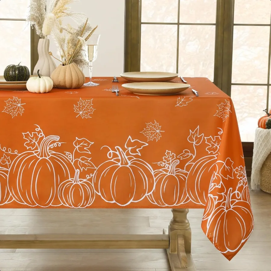 

Fall Tablecloth Rec 60x84 Inch Thanksgiving Autumn Harvest Orange Pumpkin Maple Leaf Decoration Table Cloths Stain Resistant Fa