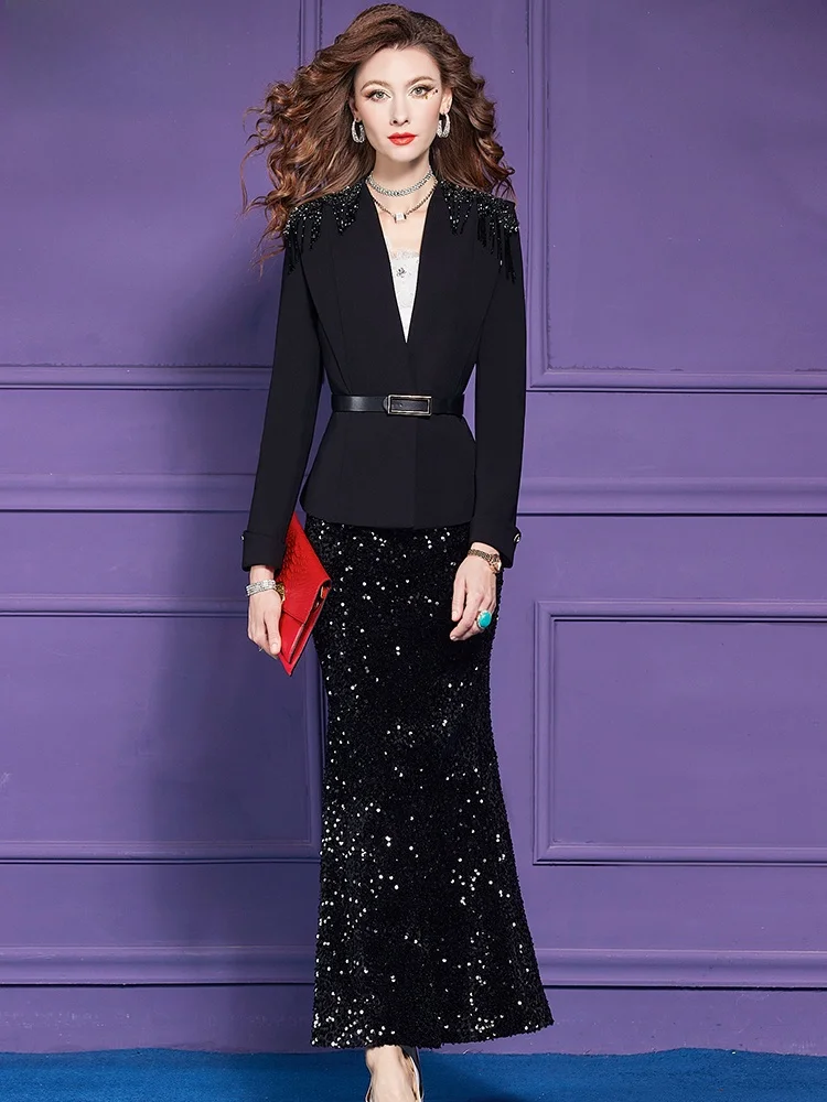 Elegant Black Sequin Suit Set Women's Original Design Autumn High-end Luxury Fish Tail Half Skirt Dress Fashionable Ensemble view 3