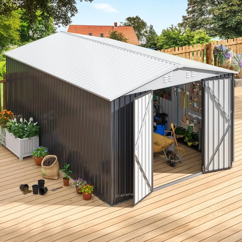 

10x14 FT Outdoor Storage Shed, Metal Garden Shed with Updated Frame Structure, Tool Sheds for Backyard Garden Patio Lawn White