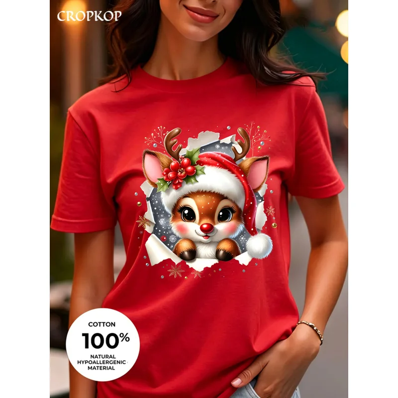 100% Cotton Christmas Cute Reindeer Graphic Print T-Shirt Women Santa Hat Deer Break Through Paper Casual Short Sleeve Tee