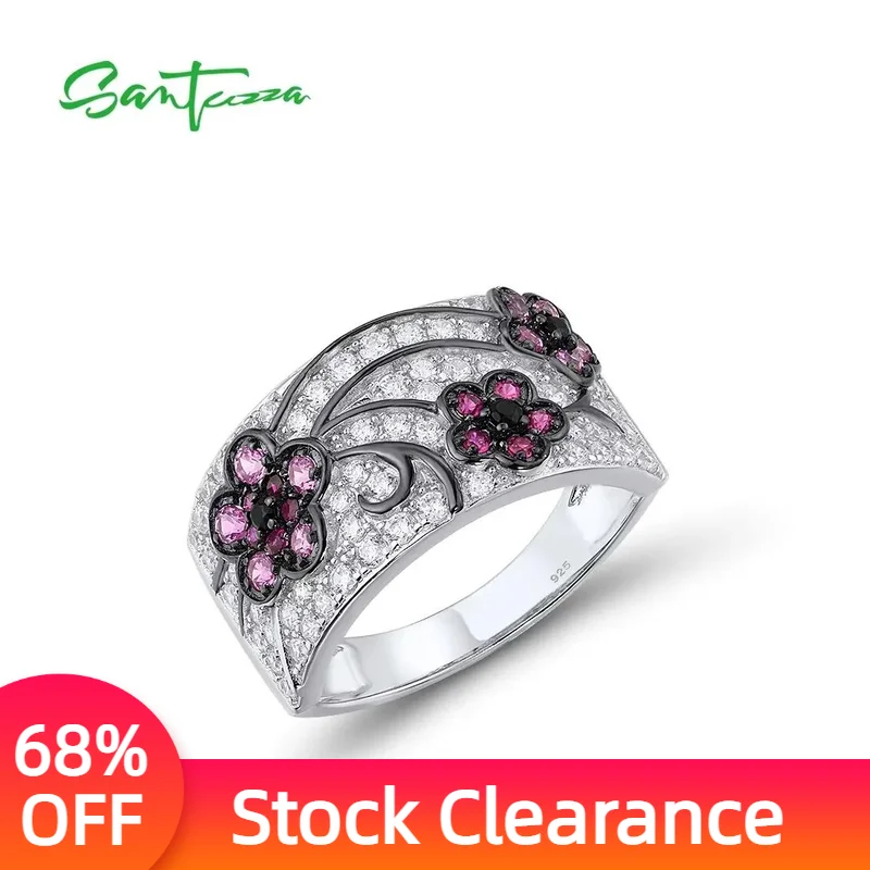 

SANTUZZA 925 Sterling Silver Rings For Women Shiny White CZ lab Created Ruby/Pink Sapphire Red Flowers Party Gifts Fine Jewelry