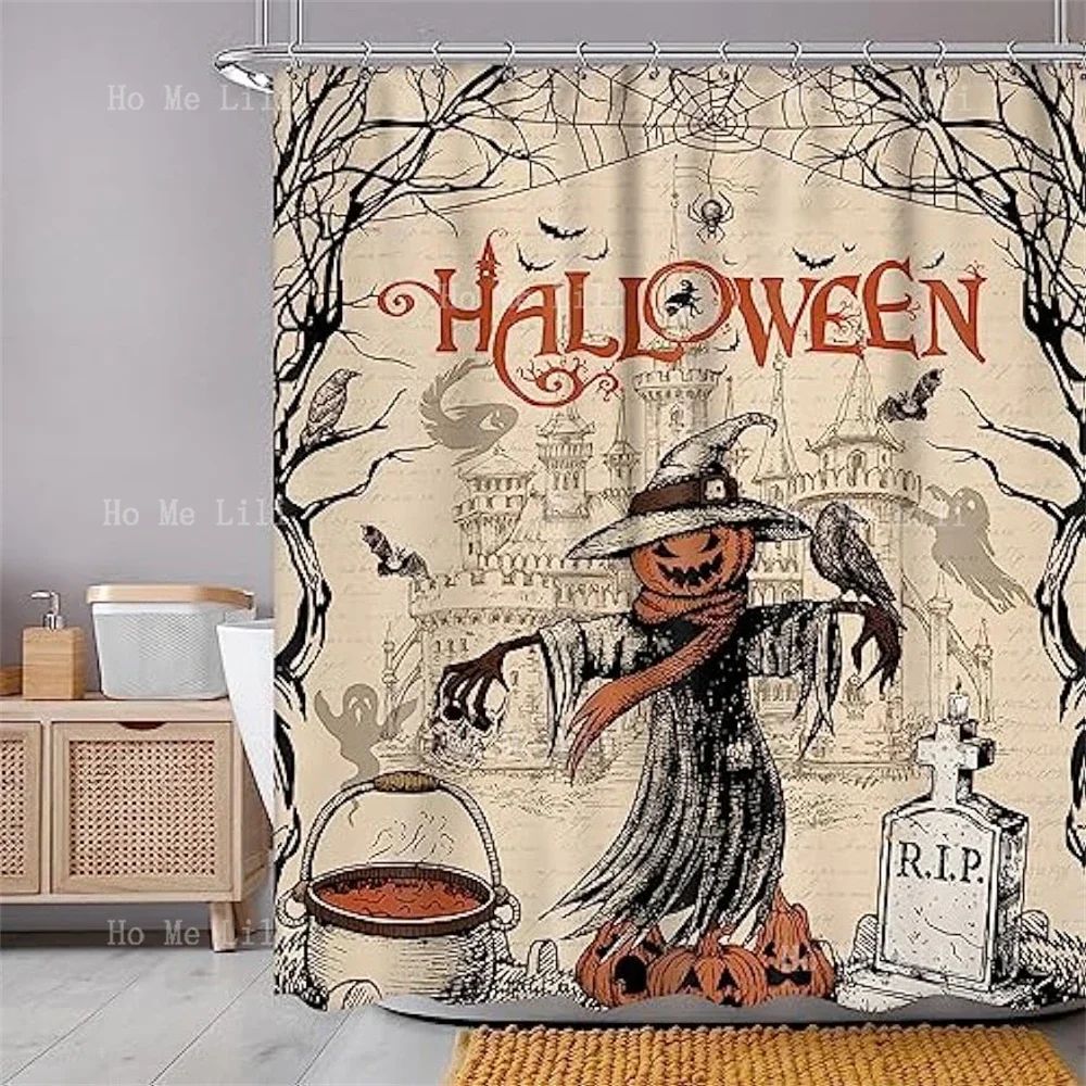 Halloween Shower Curtain Gothic Retro Scarecrow Castle Pumpkin Skull Spider Web Tree Grave Bathroom Waterproof Decoration