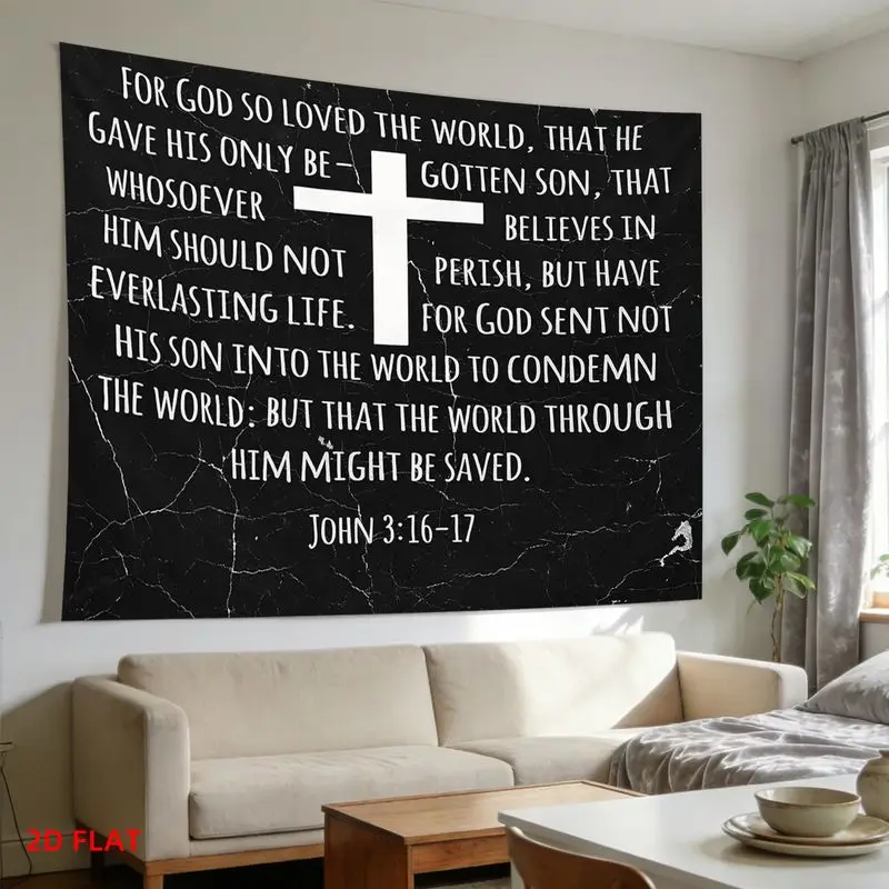 VIKAMA Christian Bible Verse Tapestry, John 3:16-17 White Cross Religious Faith Wall Hanging, Home Background Decoration