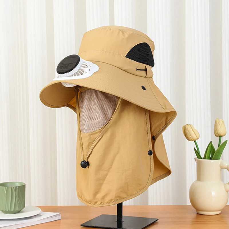 Men Solar Fan Hat Wide Brim UPF50 Sun Protection Outdoor Hat with Solar Panel for Hiking and Fishing