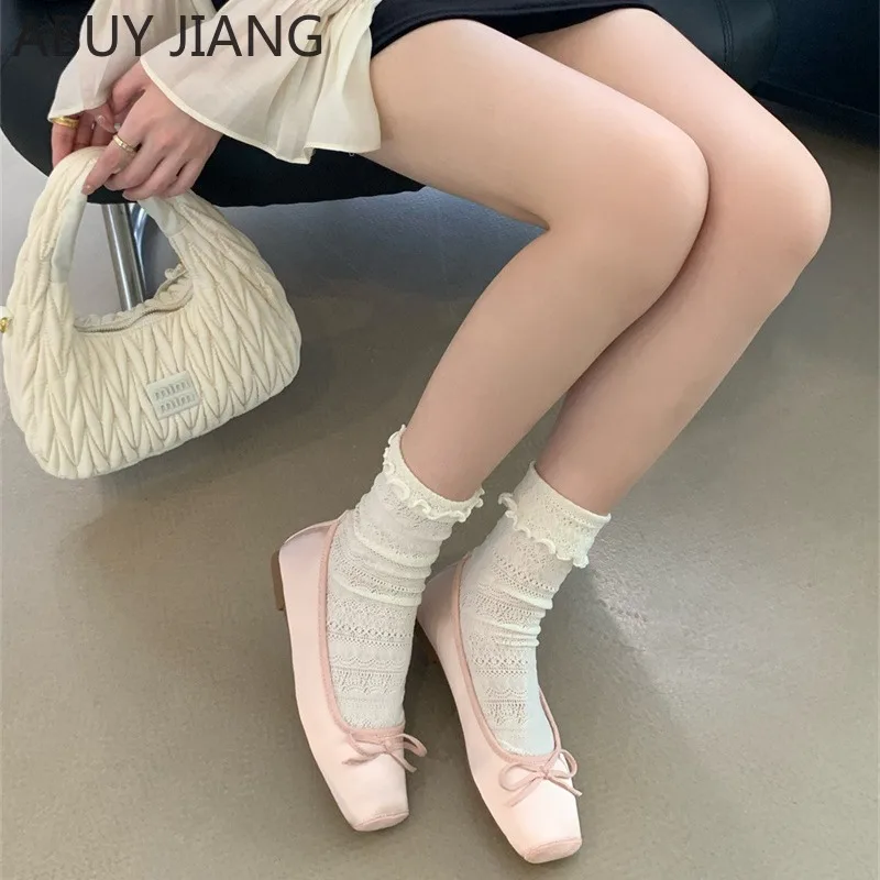 2024 Summer New Flat Ballet Flats Elegant Comfortable Bow Square Toe Single Shoes Ladies Shoes Zapatos Mujer