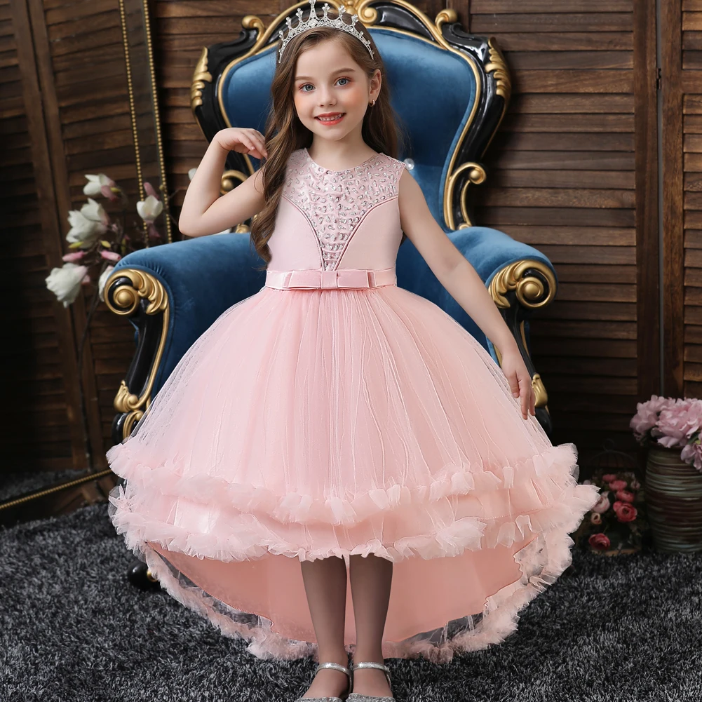 Pink Girl Winter Children's Dress Flower Children Trailing Princess Dress Fluffy Dress Christmas Dress