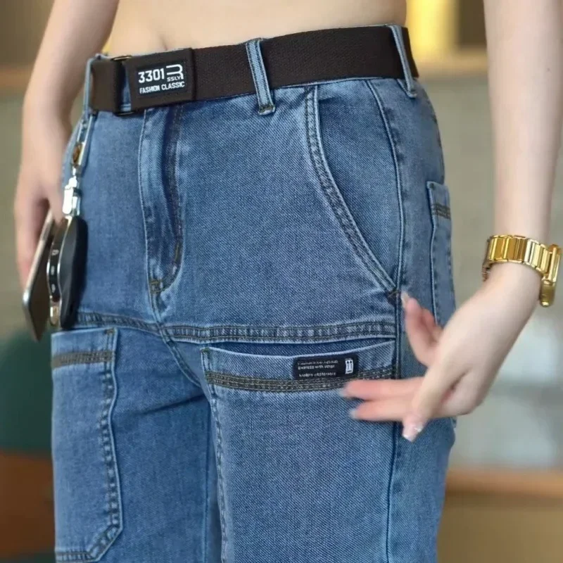 Jeans da uomo primavera estate sottili a sei tasche jeans elastici a gamba dritta casual slim fit versatili pantaloni lunghi in denim Y2K multitasche