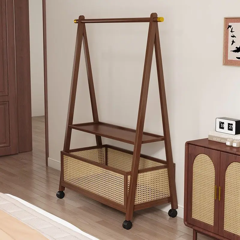 Rattan dirty basket hanger Floor-to-ceiling vertical mobile coat rack Multifunctional storage