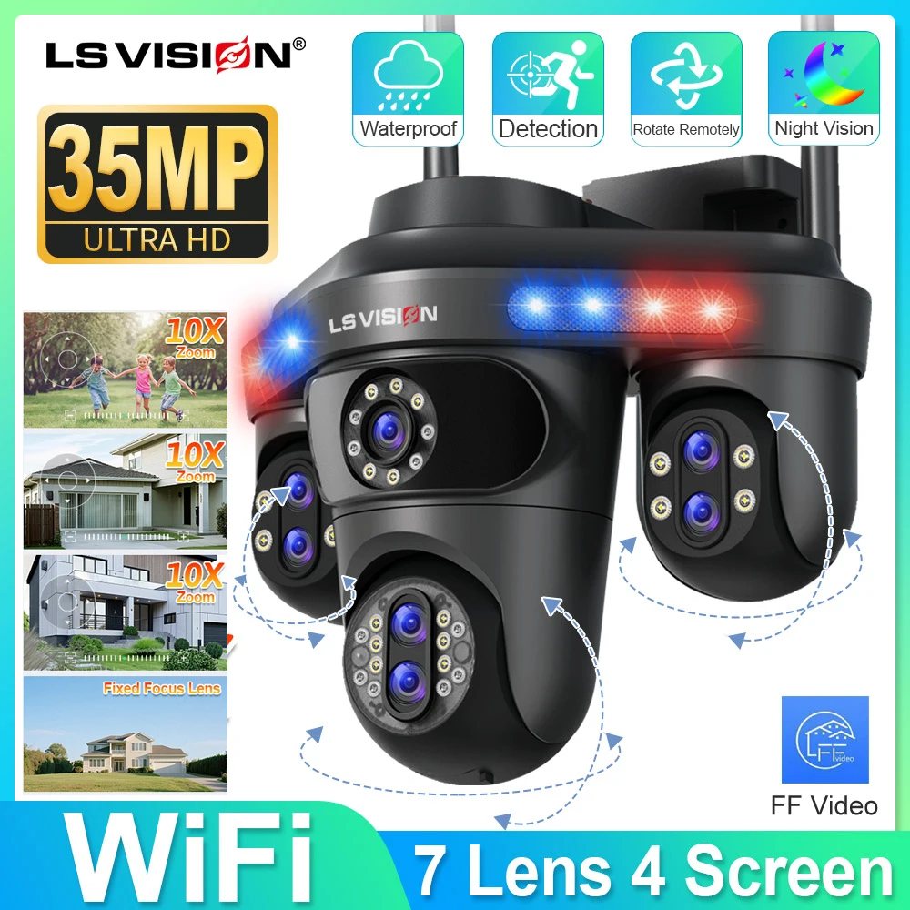 

LS VISION 7 Len 4 Screen WIFI Security Camera Outdoor Color Night Vision Two-Way Audio Motion Sensor Wireless IP Camera for Home