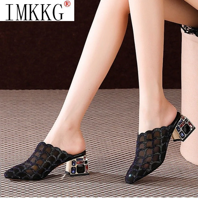 Rhinestone Half Slippers Women\'s Thick Heel 2022 New Summer Fashion Outwear High Heel Mesh Sandals Women\'s Soft Bottom Mules