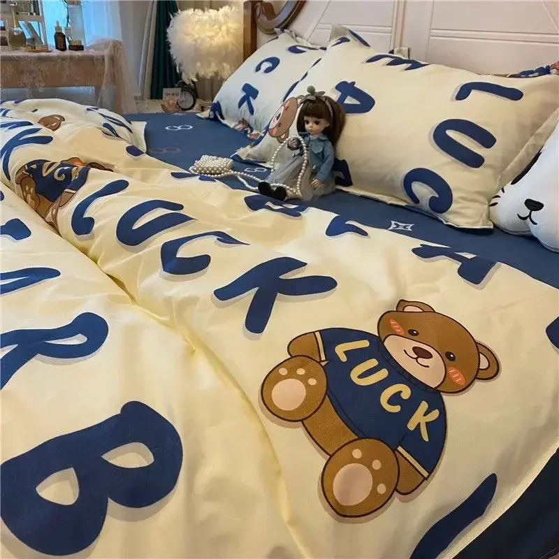 

Alphabet Bear Bed Four-piece Set Simple Washed Cotton Bed Sheet Quilt Cover Cartoon Student Three-piece Set