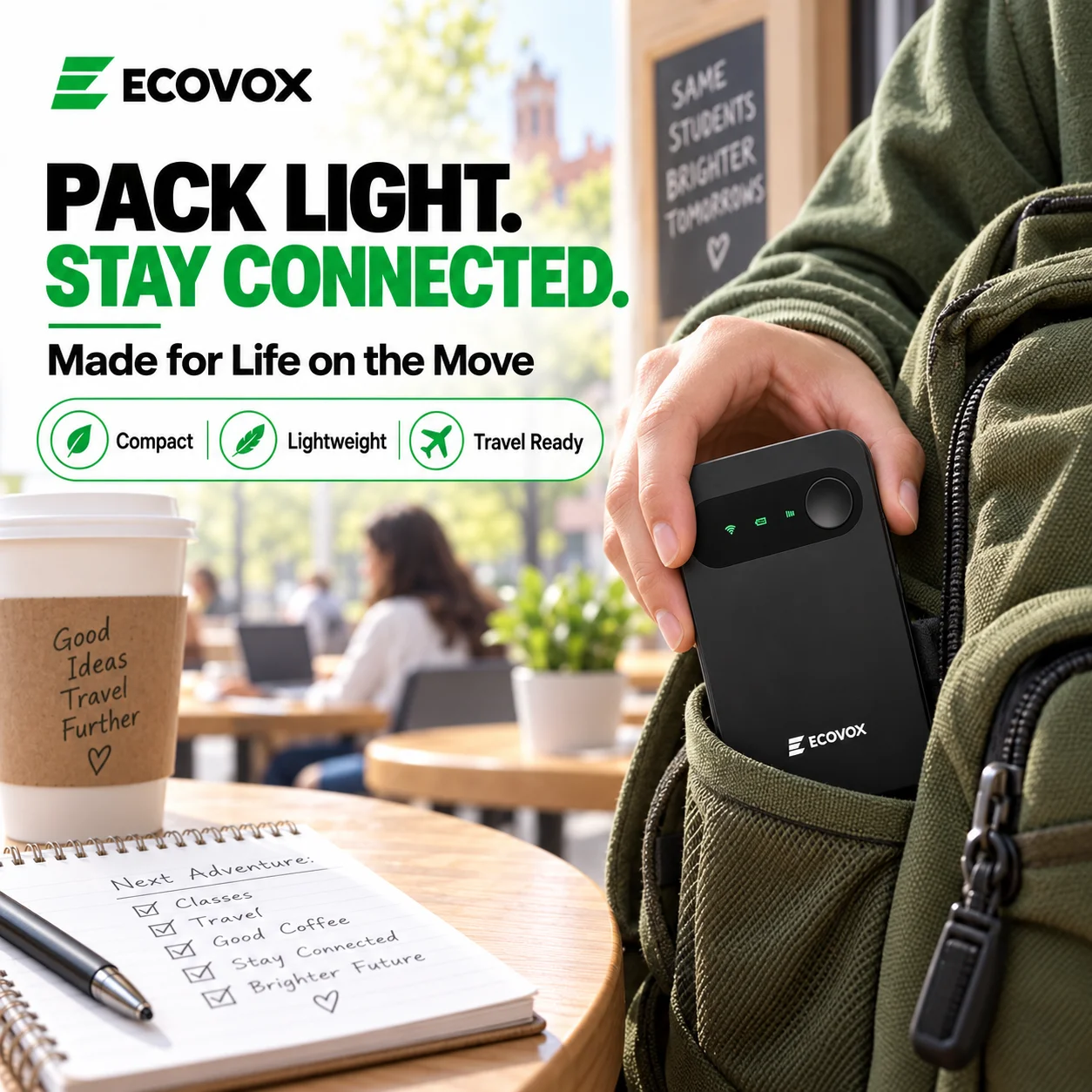 ECOVOX Portable WiFi Hotspot with Built-In Cloud SIM, Connects Up to 9 Devices, Coverage in 150+ Countries, Compact Mobile Internet Router for Travel, Students and Remote Work