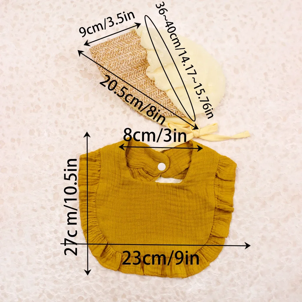 Gorro con babero para niños, conjunto de dos piezas con encaje, toalla de baba de algodón para sombrear el sol y protección solar, sombrero de palacio, sombrero de hierba, babero para bebé