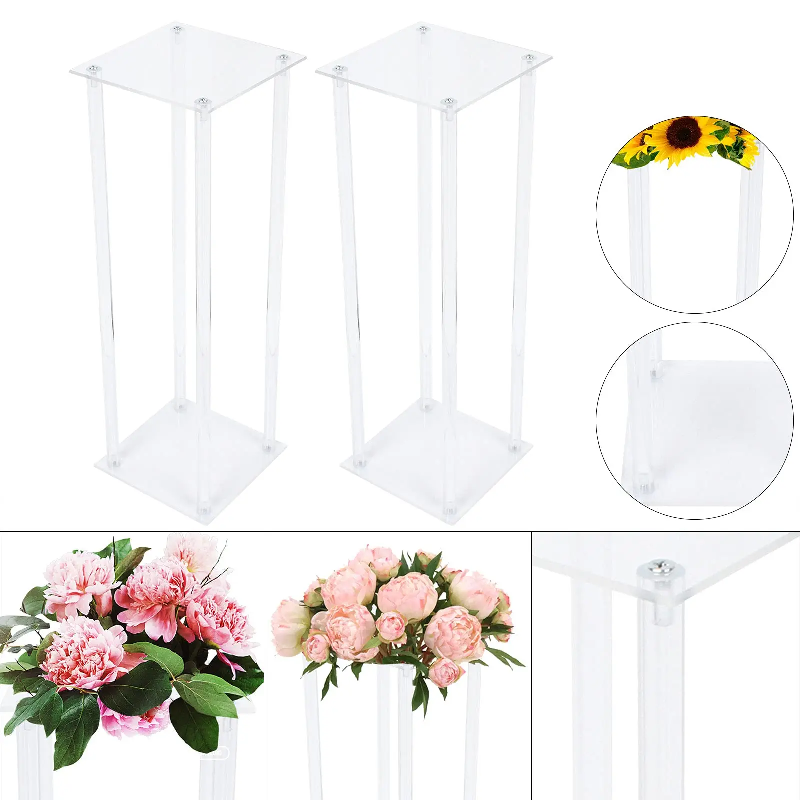 Acrylic Column Vases for Wedding Tables, 2 Clear Flower Stands, Modern Centerpiece Decor