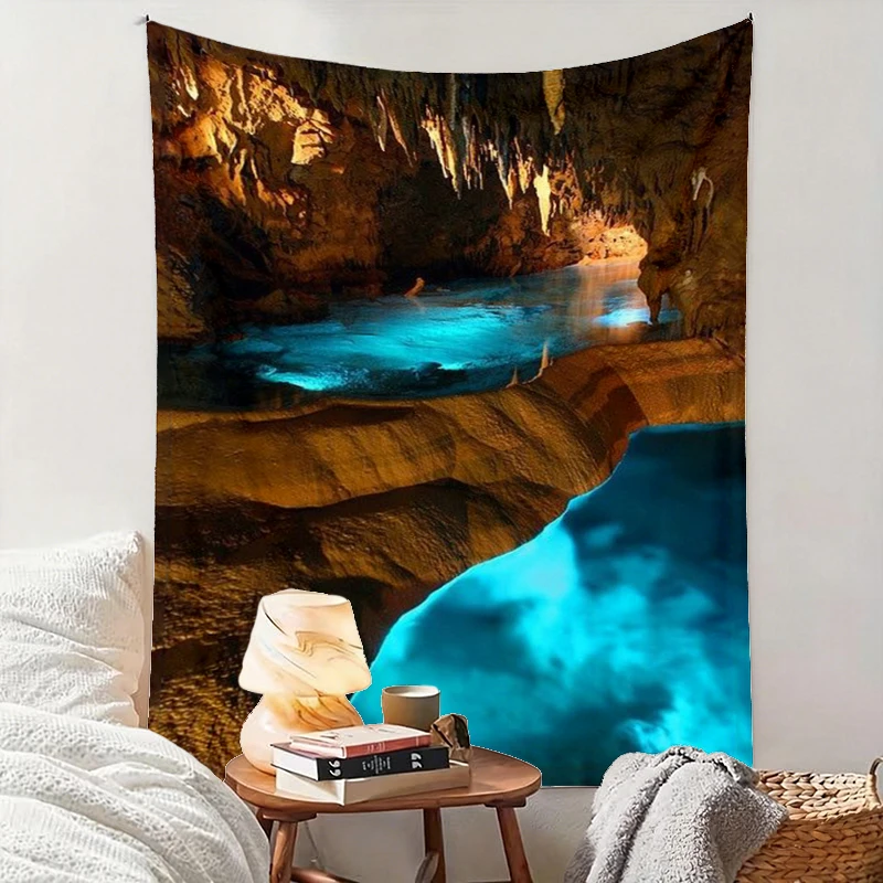 1PC Cave Blue River Art Print Backdrop Banner, Bedroom Living Room Photo Background, Polyester, Home Decor, Wall Art