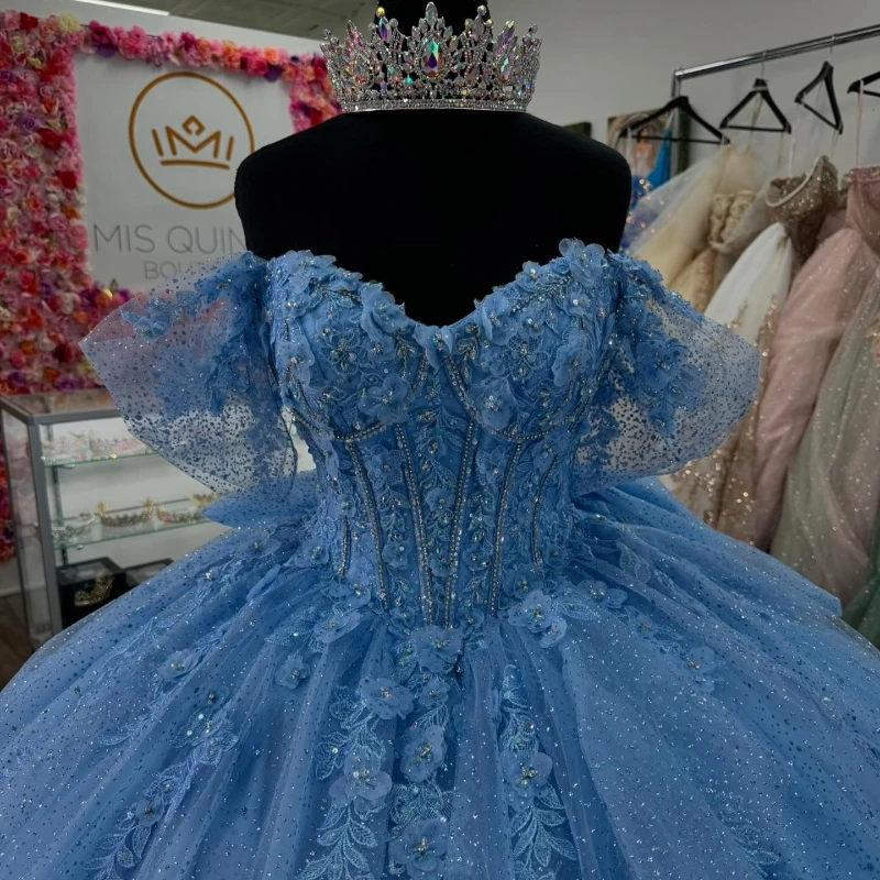 Sky Blue Shiny Ball Gown Quinceanera Dress 2024 Applique Lace Beads Tiered Tull Sweet 16 Years Formal Party Vestidos 15 De XV