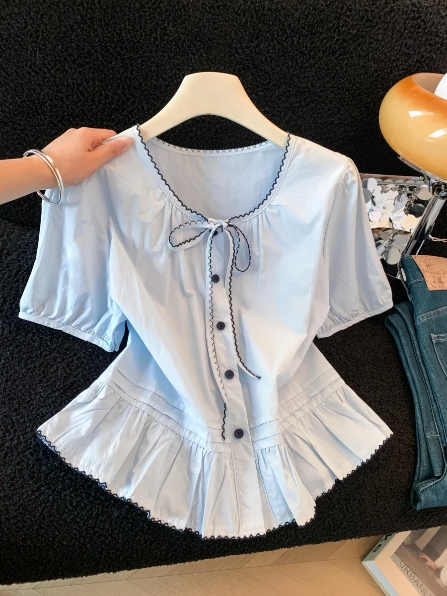 

Sweet Blue Ruffle Sleeve Short Sleeve Shirt Women's Summer New Style Single Button Knot Top Fashionable Casual Blouse