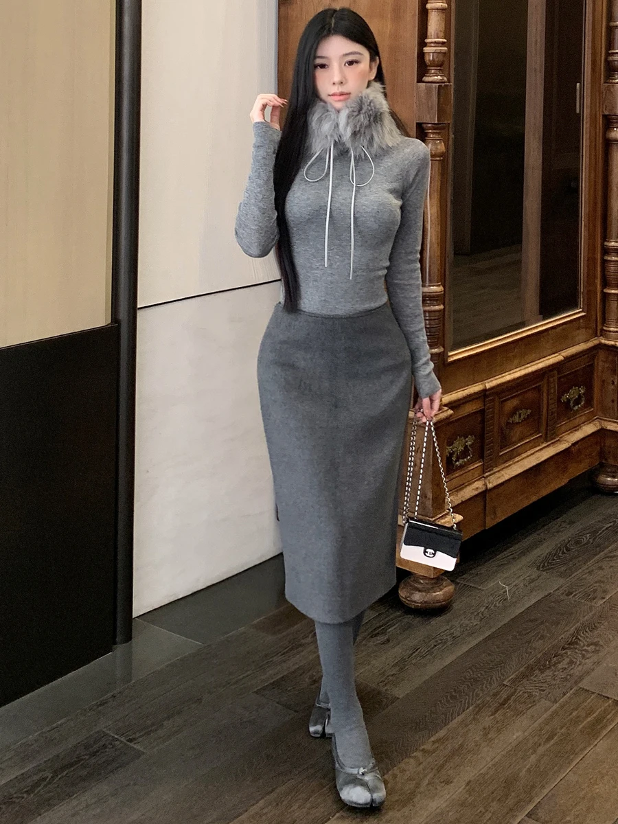 Autumn Winter Women's High Waist Knitted Top And Skirt Set Slim Fit High Collar Design Versatile Midi Skirt Ensemble