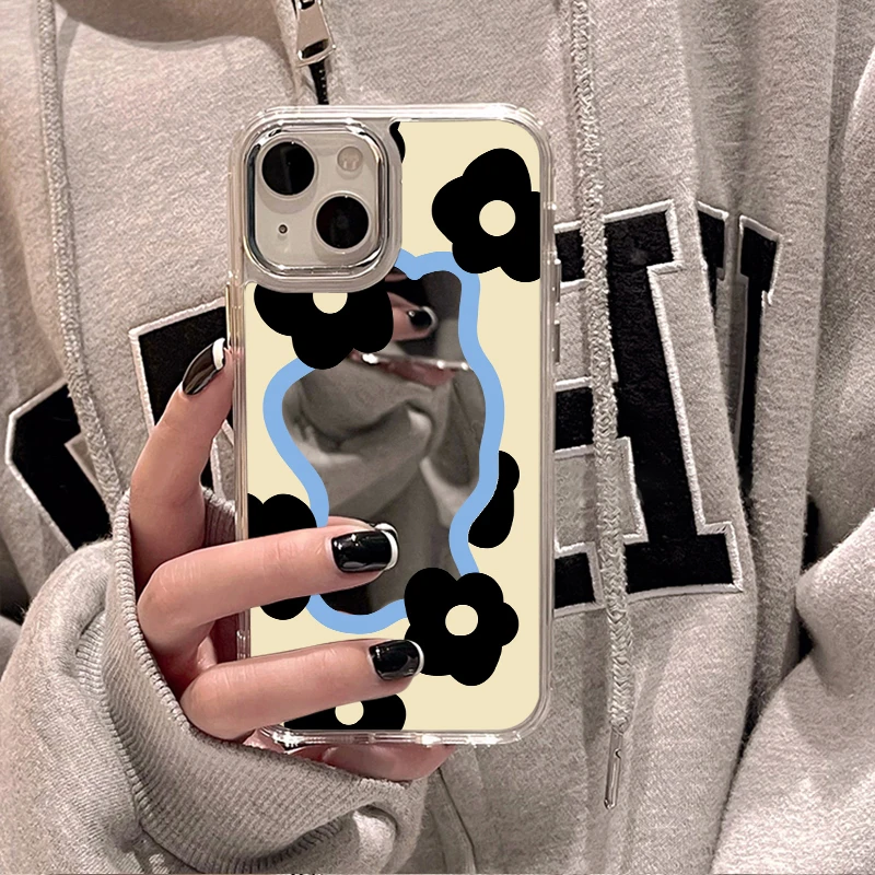 Flower Pattern Makeup Mirror Phone Case For iPhone 15 11 12 13 14 Pro Max XR X XS MAX Soft TPU Silicone Shockproof Cover Funda