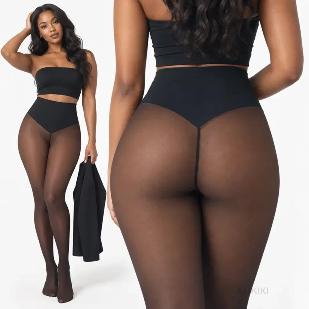 High Waist One Seam Fleece Lined Tights Shaping Thermal Leggings Tummy Control Translucent Pantyhose Velvet Warm Stockings