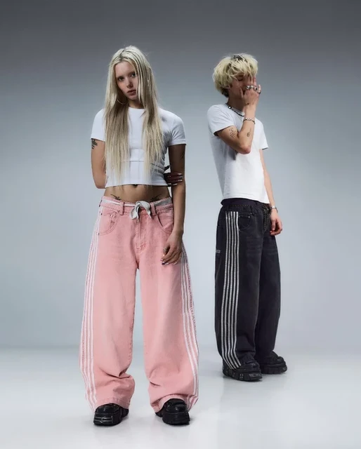 Y2K Baggy Jeans high quality Embroidered Striped Harajuku Sweatpants men women Hip Hop streetwear Casual wide leg Denim Pants AliExpress