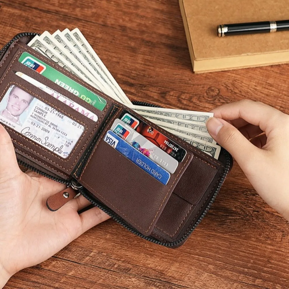 Portafogli corti da uomo Portamonete con cerniera in PU Portafogli da lavoro pieghevoli Pochette casual Fermasoldi Porta carte d'identità multi-carta regalo