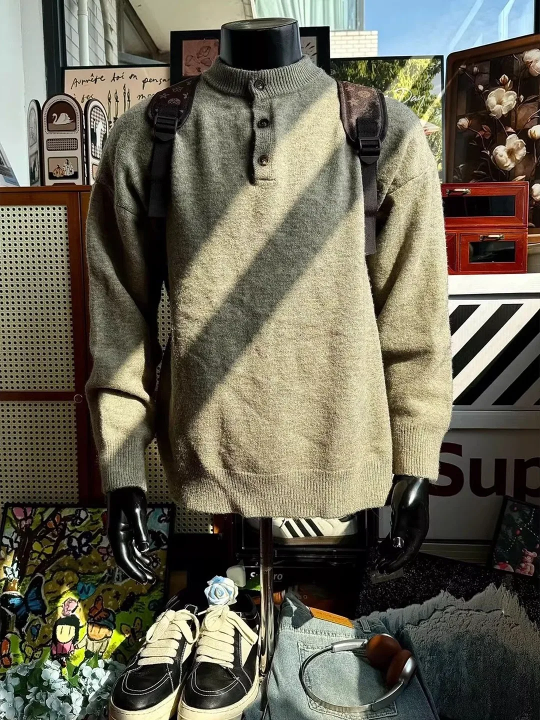 

Cleanfit Light ey Men's Henry Collar Knitwear Loose Fit Boting T-irt American Retro Sle Long Sve Crew Ne