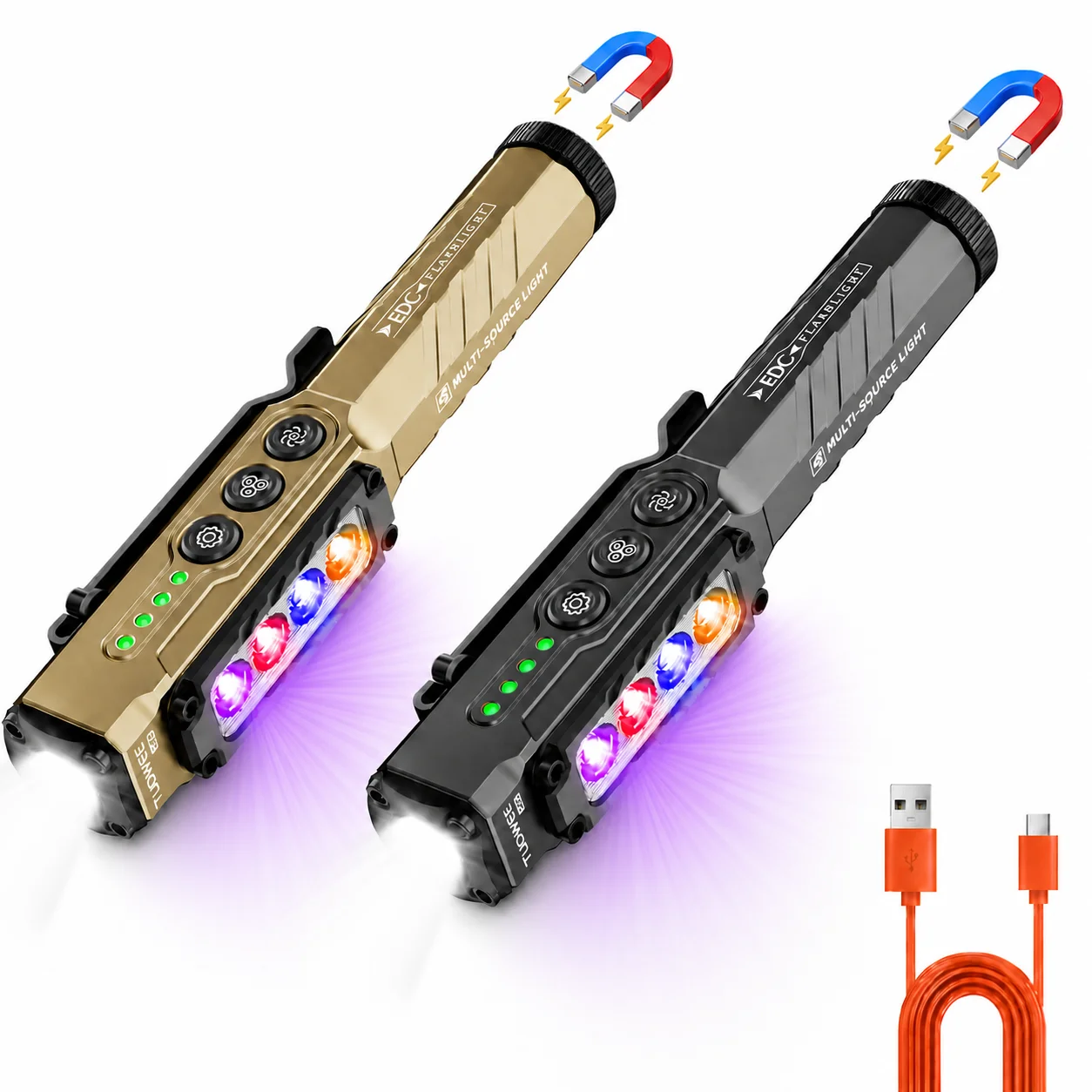 IPX4 Waterproof 1200 Lumens Rechargeable EDC Flashlight, 19 Lighting Modes USB-C Pocket Torch with 365nm UV Light, Multicolor Side Lights, Magnetic Base & Clip, Portable Work Light for Camping, Hiking, Car Repair & Emergency