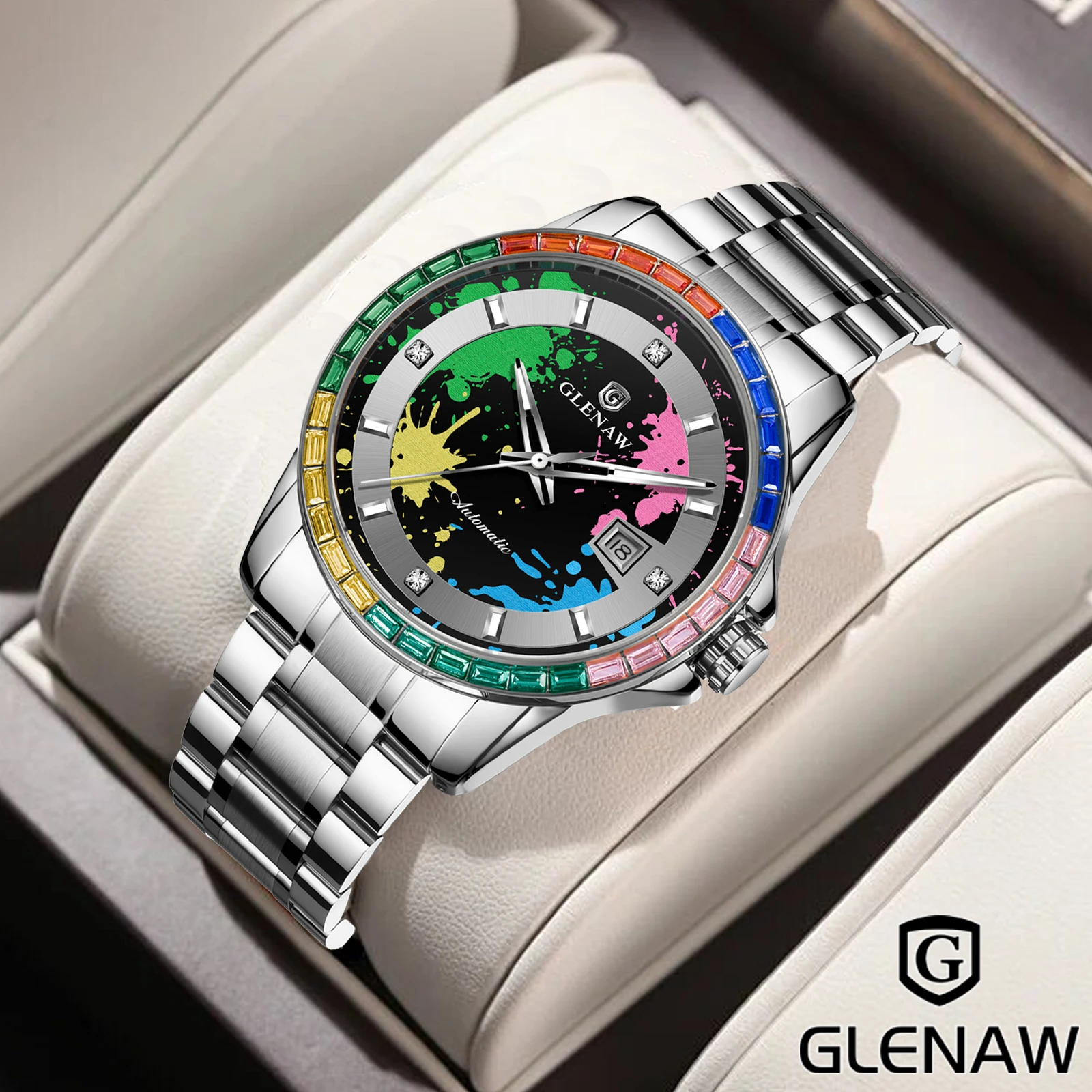 2025年新作 GLENAWデザイン レインボーサークル 機械式腕時計 メンズ グラフィティ文字盤 ナイトライト カレンダー 防水 高級機械式腕時計