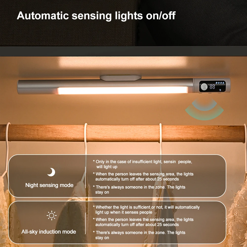 Digital Display LED Cabinet Light PIR Motion Sensor Wireless USB Rechargeable Night light For Cabinet Kitchen Lighting