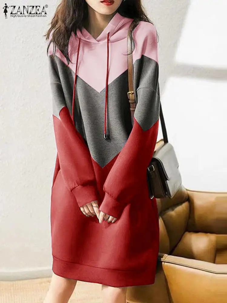 ZANZEA Mode Frauen Hoodies Langarm Sommerkleid Casual Patchwork Knie-länge Vestido Lose Pullover Herbst Sweatshirt Kleid